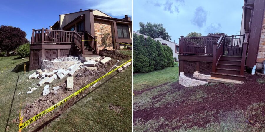 Drainage and retaining wall project in Chicago, IL with underground PVC piping, downspout connections, and stone wall installation.