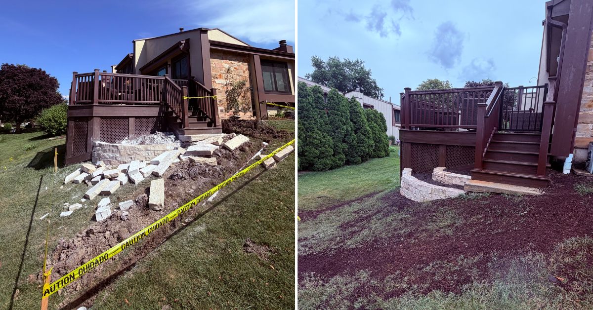 Drainage and retaining wall project in Chicago, IL with underground PVC piping, downspout connections, and stone wall installation.