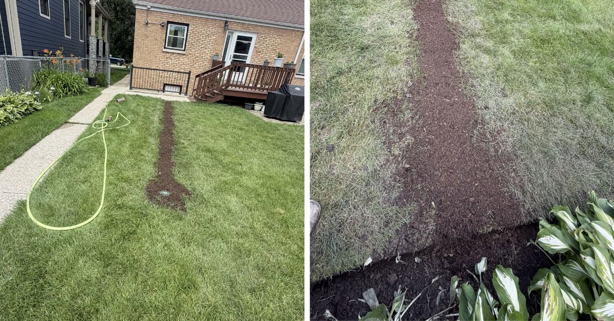 Backyard drainage and grading project in Evanston, IL featuring catch basin installation, solid PVC piping, swale construction, paver restoration, and new Kentucky Bluegrass sod for improved water management.