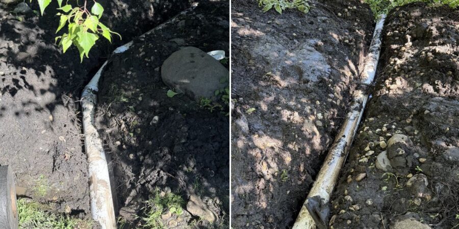 Drainage improvement project in Mount Prospect, IL with sump pump discharge extension, underground PVC pipe installation, and foundation water management enhancements.