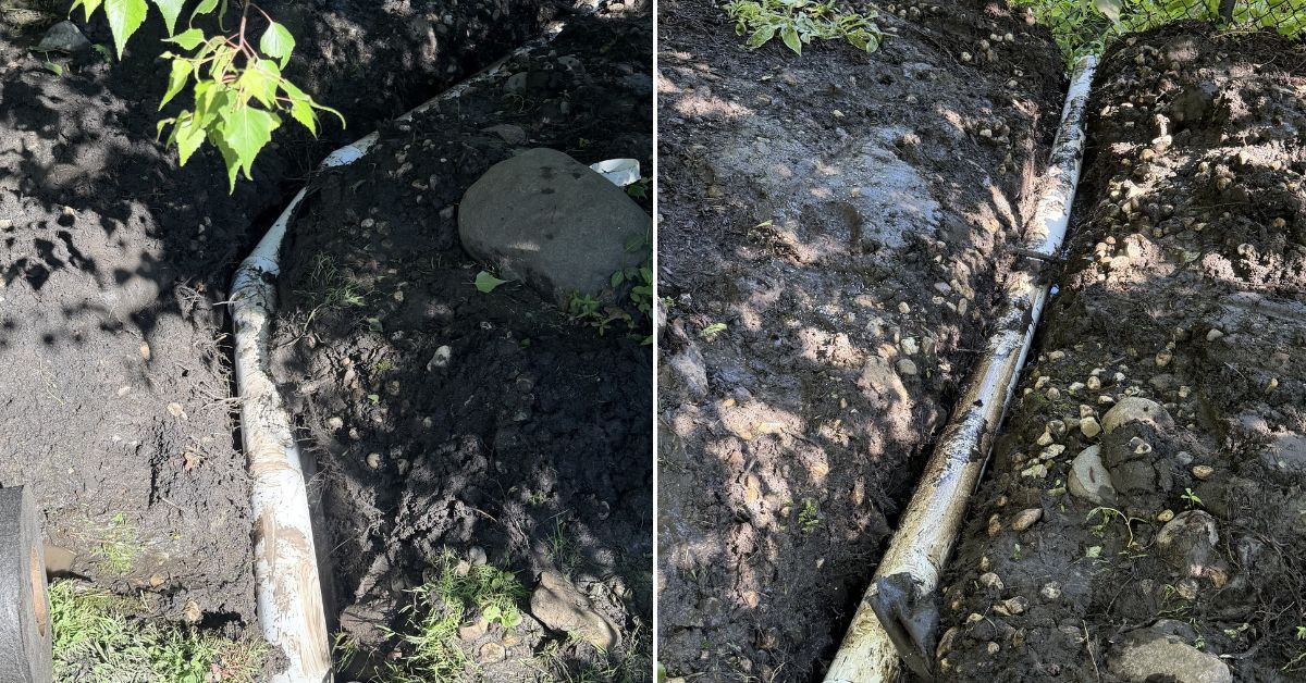Drainage improvement project in Mount Prospect, IL with sump pump discharge extension, underground PVC pipe installation, and foundation water management enhancements.