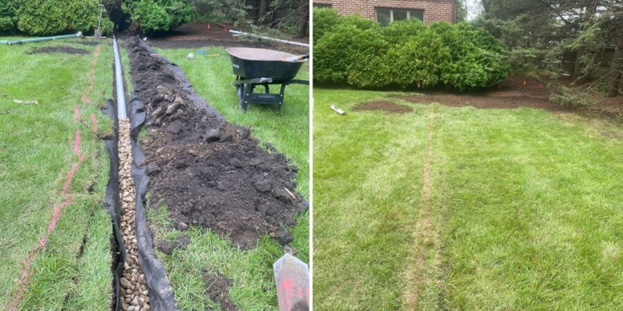 Sump pump drainage system in Deer Park, IL with 4-inch PVC piping, perforated drainage pipe, grated outlet, and gravel discharge area.