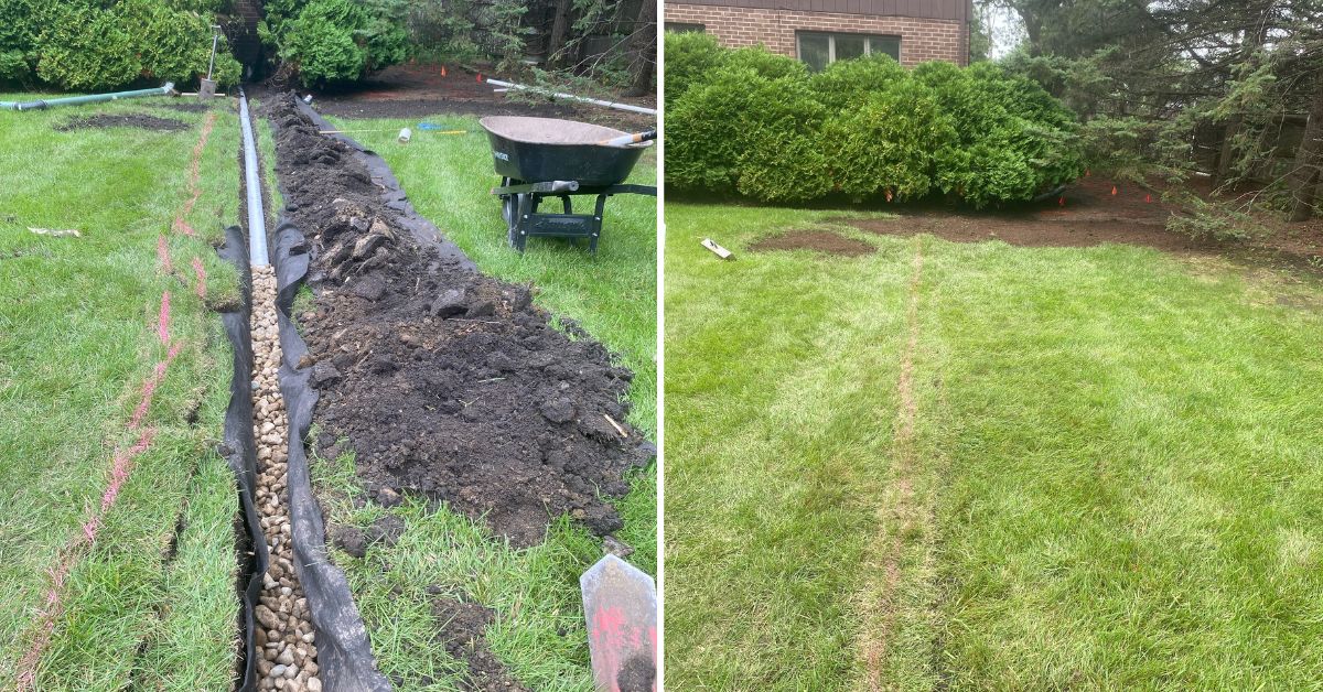 Sump pump drainage system in Deer Park, IL with 4-inch PVC piping, perforated drainage pipe, grated outlet, and gravel discharge area.