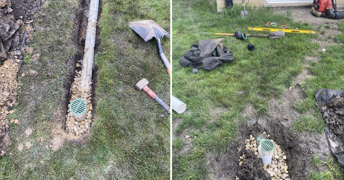 PVC drainage system improvements in Lake Zurich, IL featuring solid PVC pipe installation, upgraded surface discharge outlets, and improved residential water management.