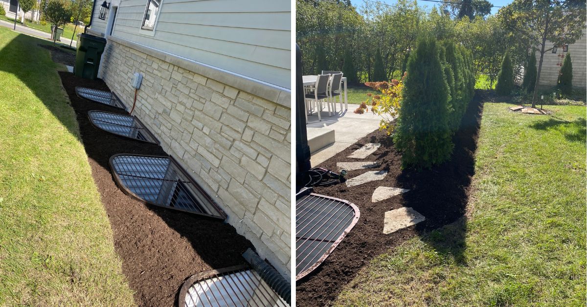 Mount Prospect, IL, landscaping project featuring underground drainage, arborvitae privacy plantings, tree relocation, and concrete sidewalk replacement.