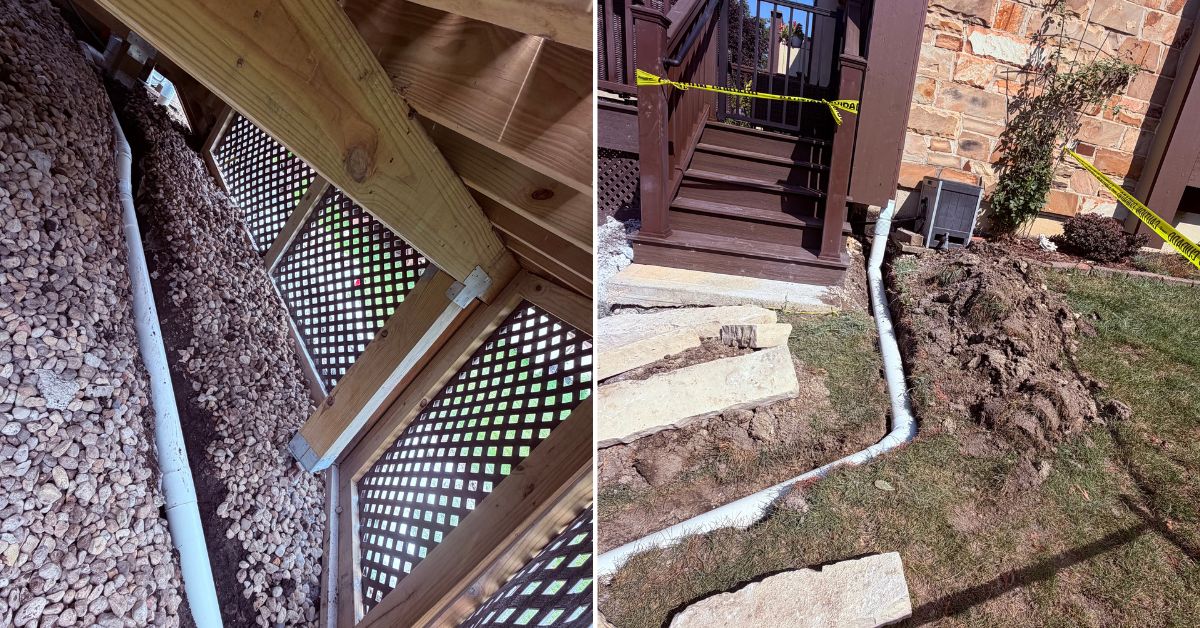 Drainage and retaining wall project in Chicago, IL with underground PVC piping, downspout connections, and stone wall installation.