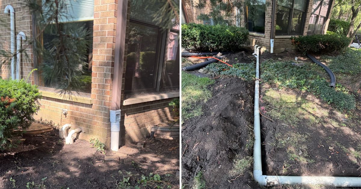 Drainage improvements in Harwood Heights, IL with underground PVC piping, grading, pea gravel, swale construction, and downspout connections.
