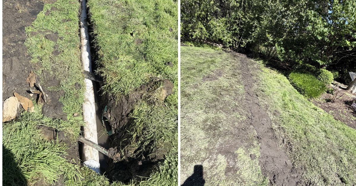 Drainage improvement project in Mount Prospect, IL with sump pump discharge extension, underground PVC pipe installation, and foundation water management enhancements.