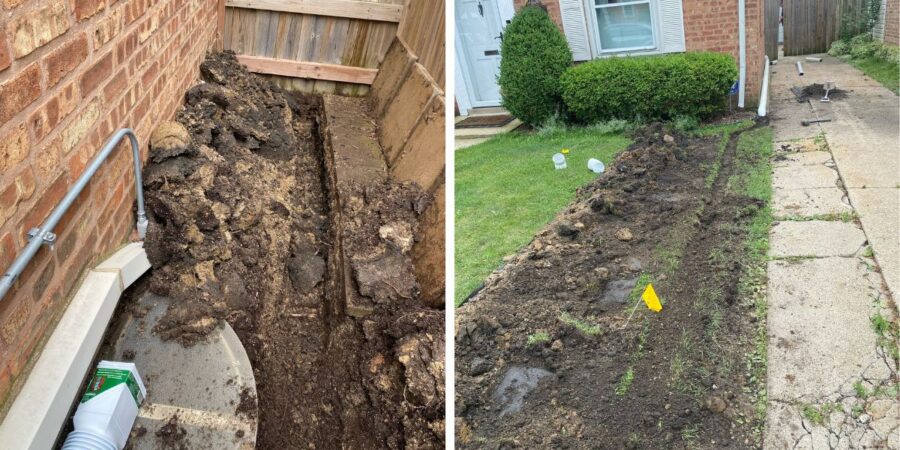 Downspout drainage system in Buffalo Grove, IL with underground PVC piping, tee discharge outlet, and landscape restoration.