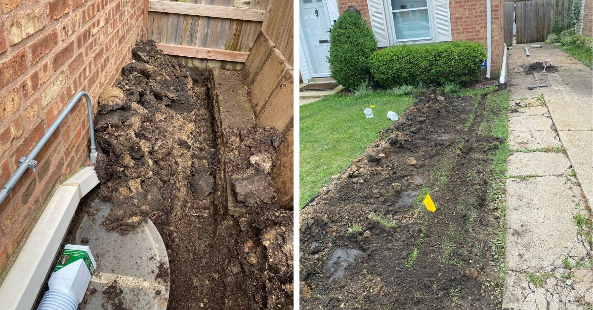 Downspout drainage system in Buffalo Grove, IL with underground PVC piping, tee discharge outlet, and landscape restoration.
