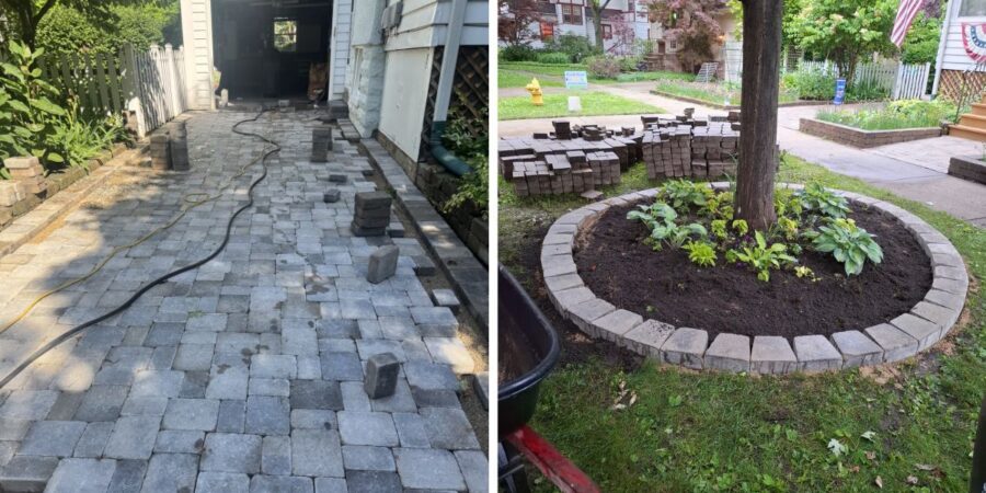 Paver driveway and walkway replacement project in Glencoe, IL with Unilock Brussels Block pavers, base reconstruction, and patio restoration.