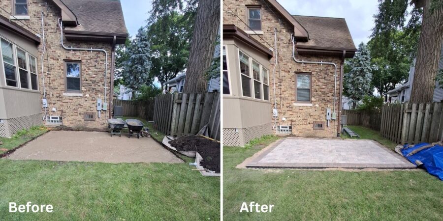 Custom Unilock Brussels Block patio installation in Northbrook, IL with a Hollandstone border, polymeric joint sand, and natural bluestone stepping stones.