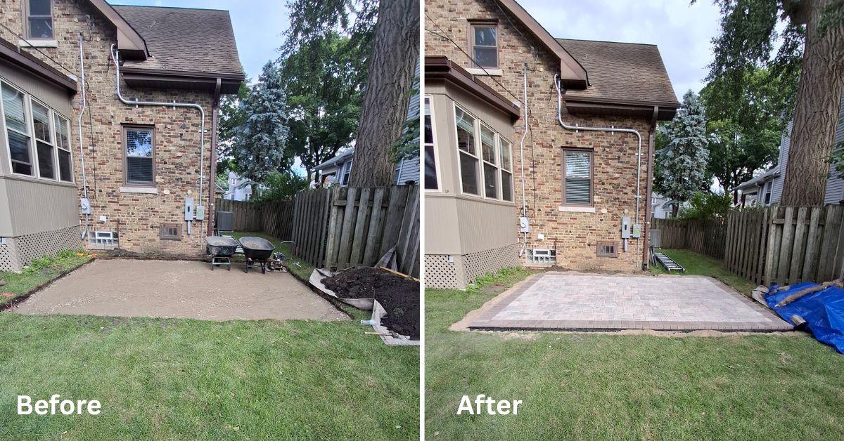 Custom Unilock Brussels Block patio installation in Northbrook, IL with a Hollandstone border, polymeric joint sand, and natural bluestone stepping stones.