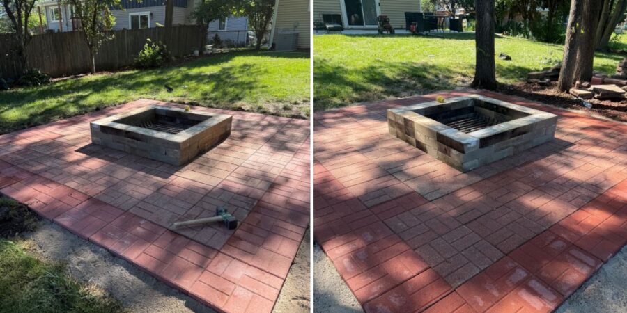 Unilock fire pit repair in Prospect Heights, IL with block realignment, base leveling, and backyard hardscape restoration.