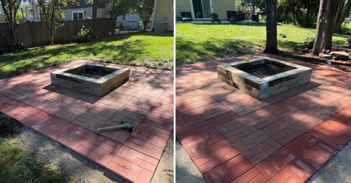 Unilock fire pit repair in Prospect Heights, IL with block realignment, base leveling, and backyard hardscape restoration.