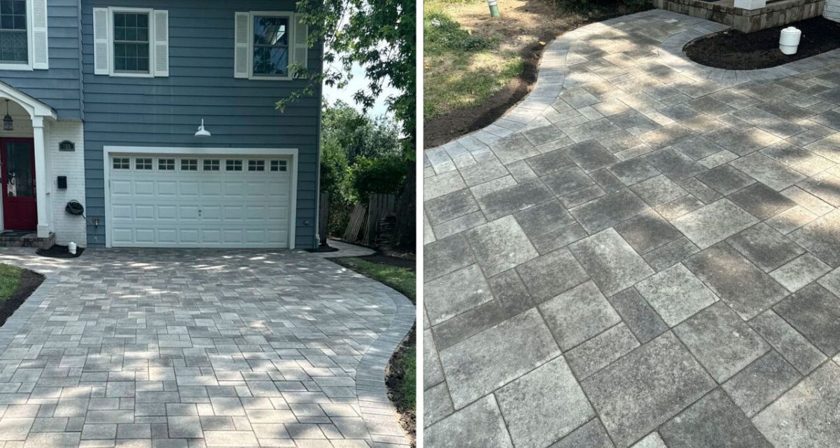 Highland Park hardscape renovation featuring Unilock Westport Smooth granite pavers with charcoal border on driveway and patio.