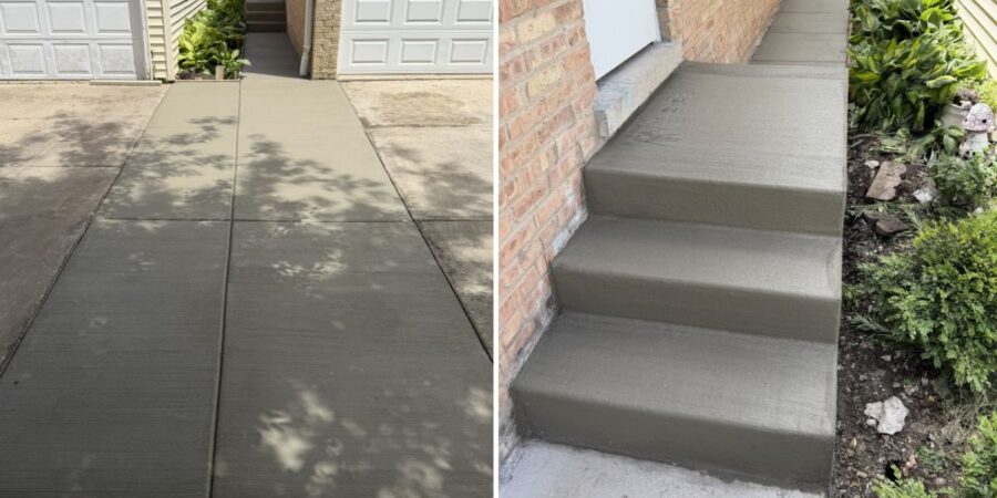 Willowbrook concrete patio installation project with new walkway, entrance steps, and buried downspouts