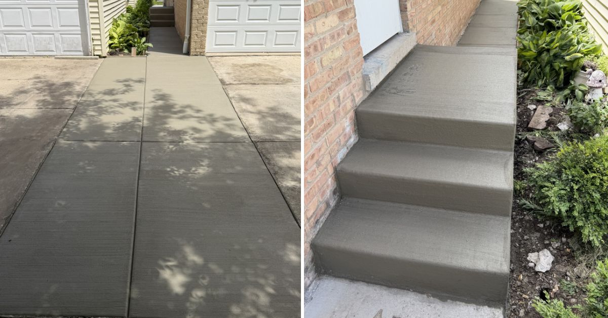 Willowbrook concrete patio installation project with new walkway, entrance steps, and buried downspouts