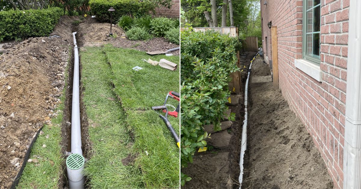 Excavation work for underground 4-inch PVC drainage system installation in Wilmette backyard renovation project