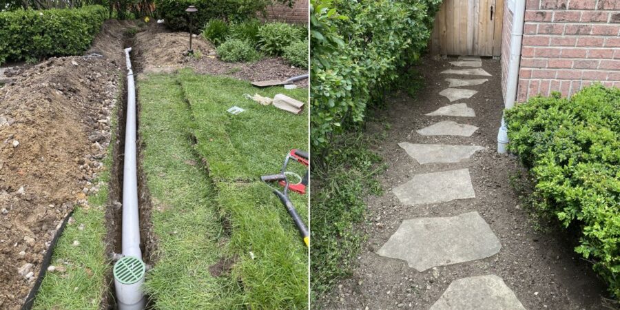 Excavation work for underground 4-inch PVC drainage system installation in Wilmette backyard renovation project