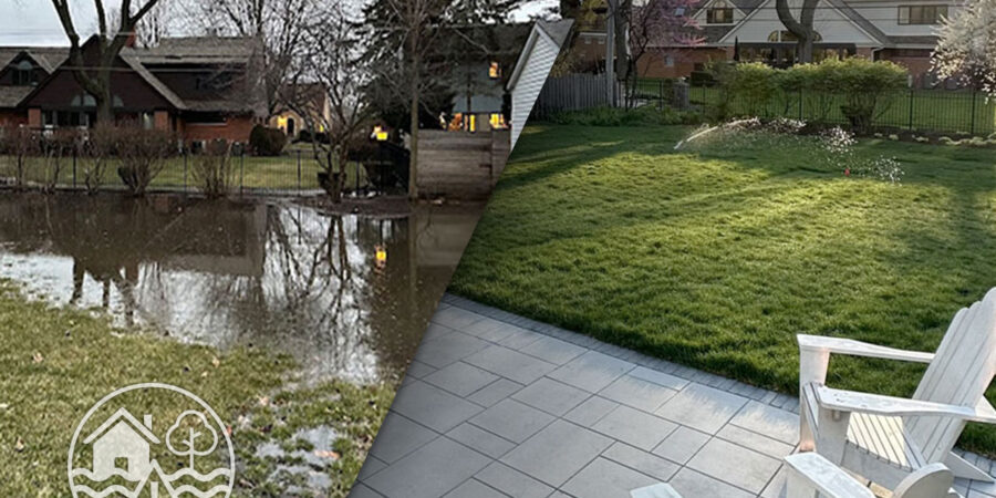 Before-and-after image of a flooded backyard transformed into a well-drained lawn with patio — landscaping and drainage by Tommy Pollina Landscaping.