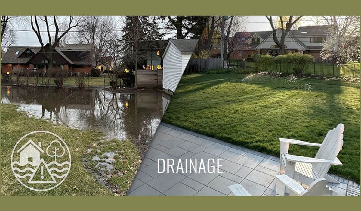 Before-and-after image of a flooded backyard transformed into a well-drained lawn with patio — landscaping and drainage by Tommy Pollina Landscaping.