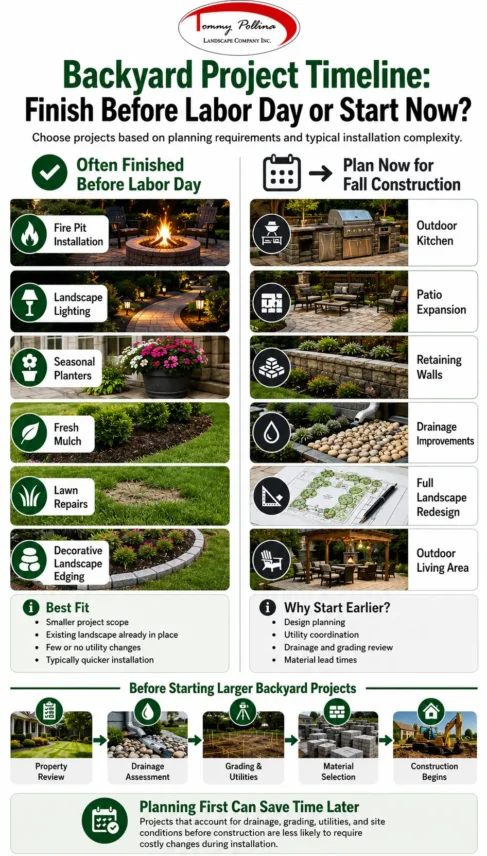 Backyard project timeline showing quick upgrades and larger landscaping projects planned before Labor Day and fall construction.