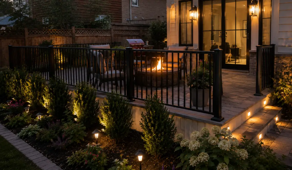 Backyard Projects featuring fire pit, patio, landscape lighting, and planting beds extending outdoor living before Labor Day.