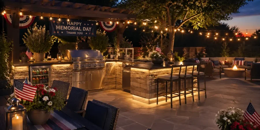 Backyard upgrades feature outdoor kitchen lighting patio seating supporting Memorial Day entertaining and comfortable evening gatherings.
