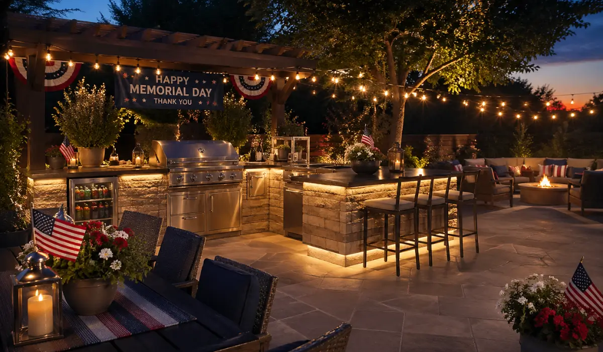 Backyard upgrades feature outdoor kitchen lighting patio seating supporting Memorial Day entertaining and comfortable evening gatherings.