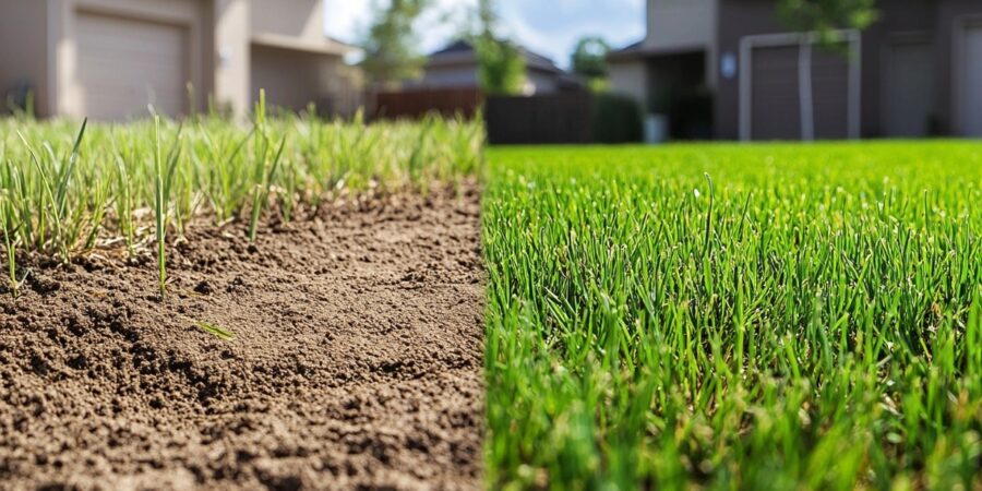 A befoe and after image of a green lawn and a unheathy lawn