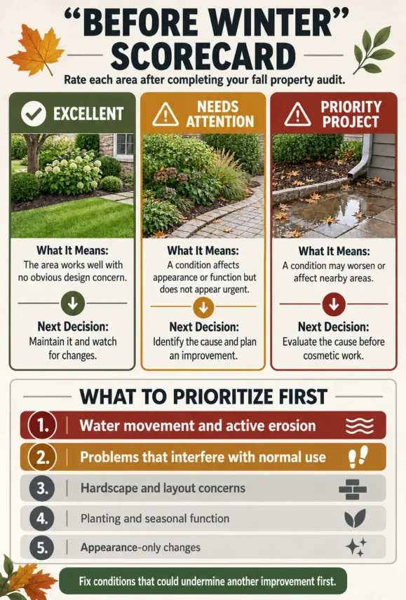 Before winter landscape design scorecard ranks property conditions and prioritizes drainage, erosion, hardscape, planting, and seasonal concerns.