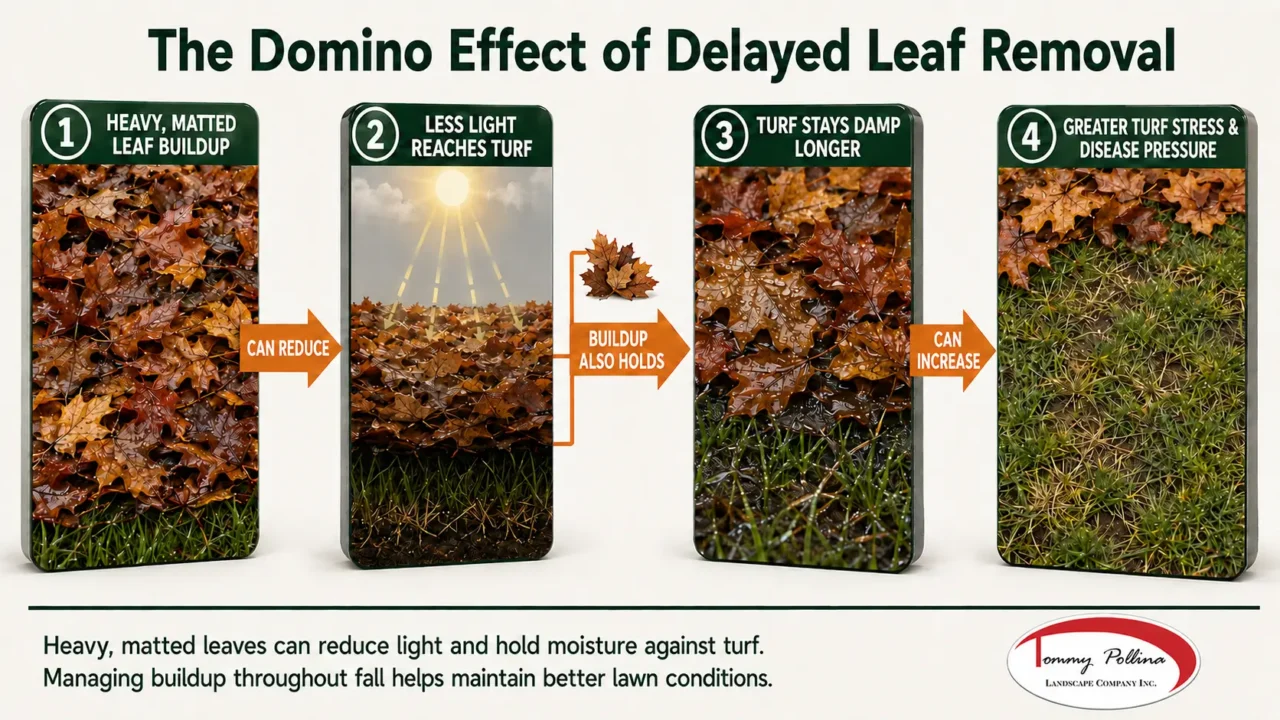 Fall cleanup domino effect showing heavy matted leaves reducing light, prolonging dampness, and increasing disease pressure.