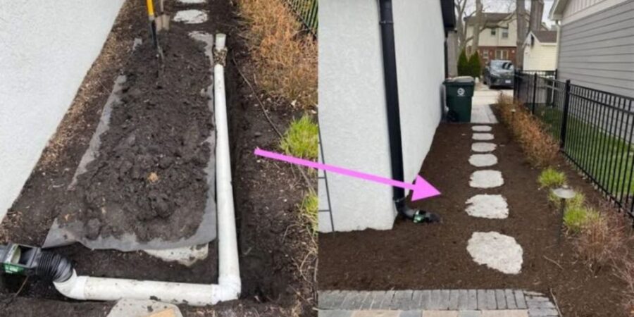 Park Ridge downspout buried and redirected under flagstone steppers, preventing flooding and blending seamlessly into the landscape.