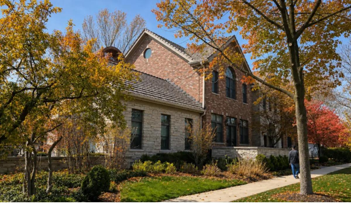 Chicago-area home with autumn trees, scattered leaves, green lawn, and maintained beds during early fall cleanup season.