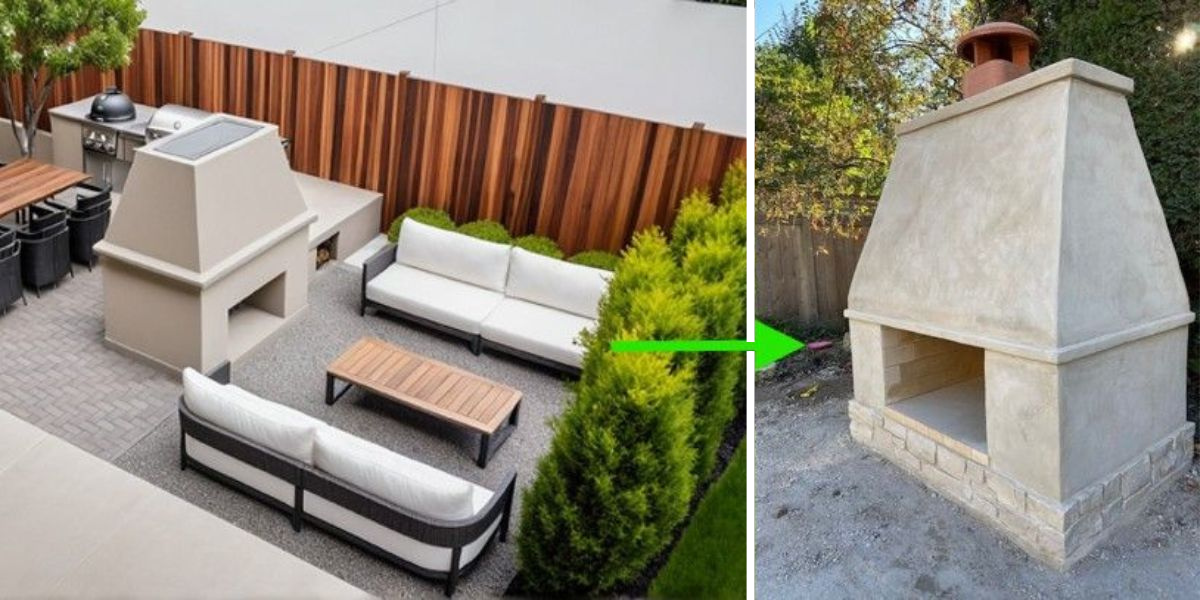 Custom Evanston outdoor kitchen island and single-sided chimney featuring stucco finishes and Lannon stone for outdoor living.