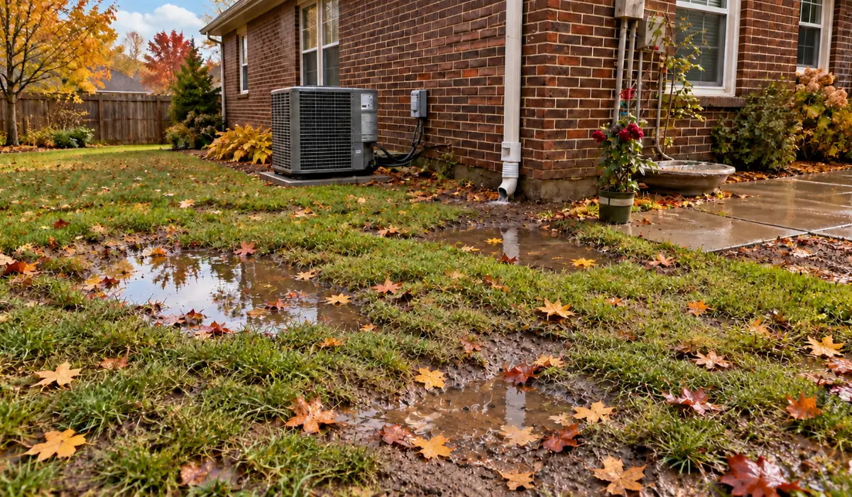 Drainage problems create standing water across a residential lawn near a downspout after autumn rainfall occurs.