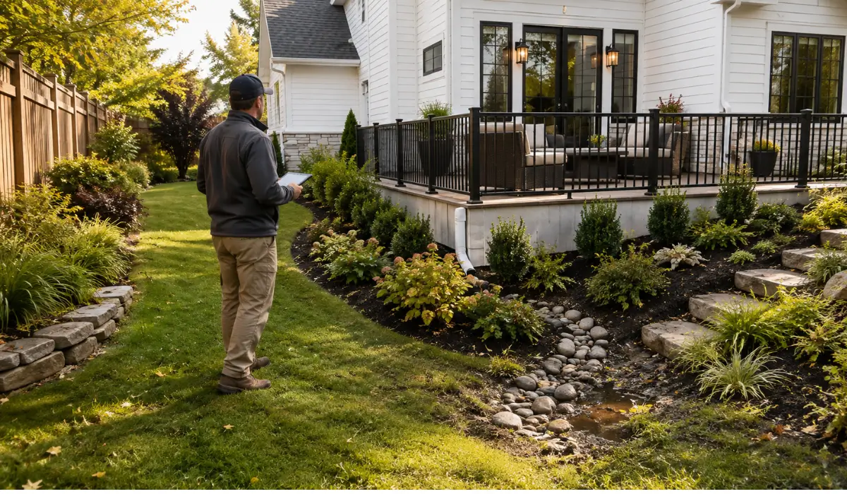 Landscape professional evaluates landscape design, drainage, planting beds, hardscape, and elevation changes at a home before winter.