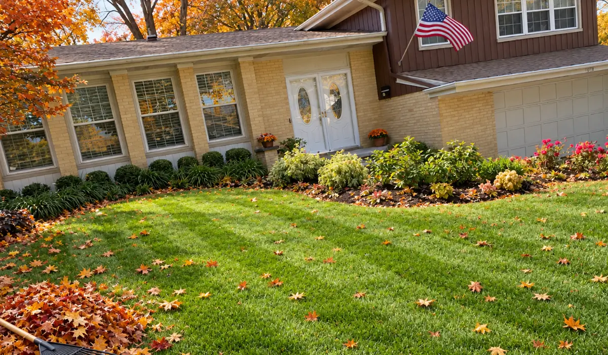 Residential fall lawn care scene with green grass, autumn leaves, rake, planting beds, and sprinkler system.