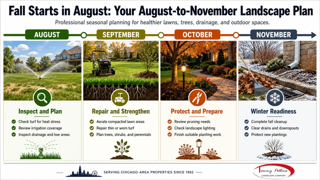 Prep Your Landscape August-to-November calendar showing monthly lawn, drainage, pruning, planting, lighting, cleanup, winter preparation visually.