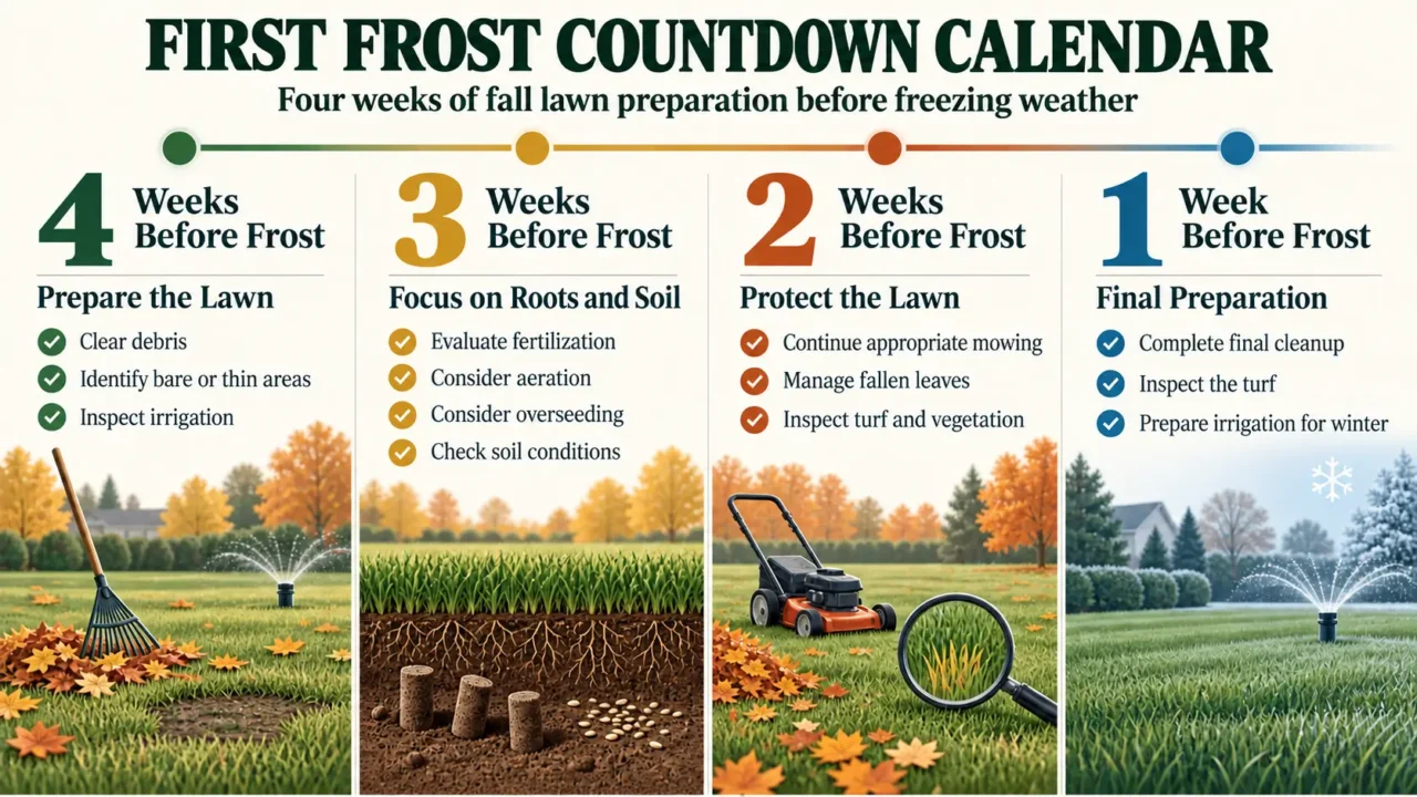 Four-week fall lawn care countdown showing debris removal, soil care, mowing, leaf management, inspection, and winterization.