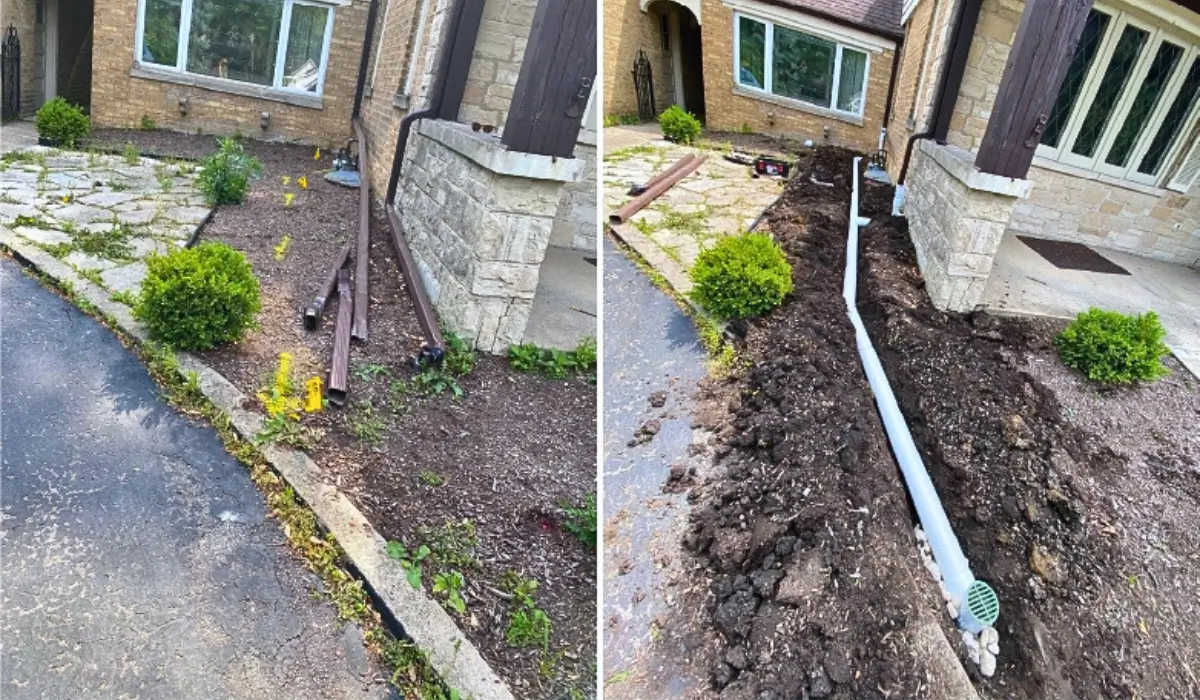 Before and after view of drainage maintenance project at a Glenview home showing upgraded foundation pipe system for better water flow before winter.