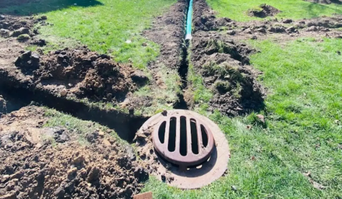 French drain vs. channel drain trench in Glenview lawn showing exposed pipe and round curb basin.