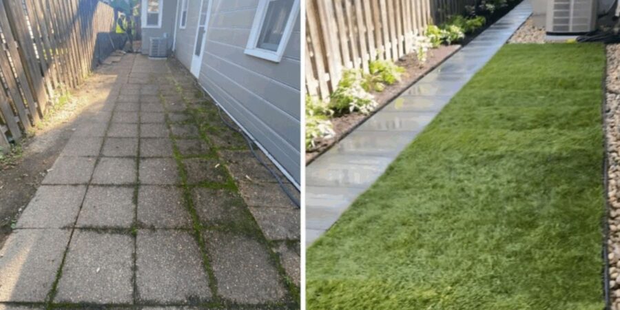 Glenview backyard with drainage, grading, paver walkway, fresh sod, and lush plantings