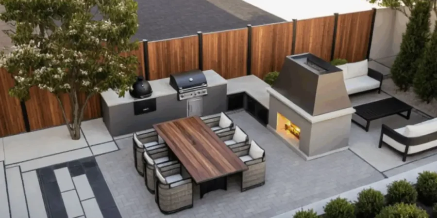 Hardscape planning showing modern patio with outdoor kitchen, seating, fireplace, and integrated stone paver layout.