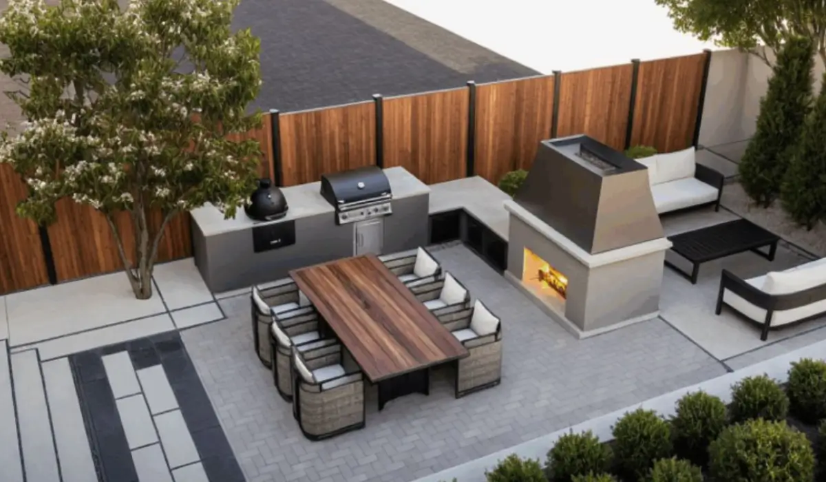 Hardscape planning showing modern patio with outdoor kitchen, seating, fireplace, and integrated stone paver layout.
