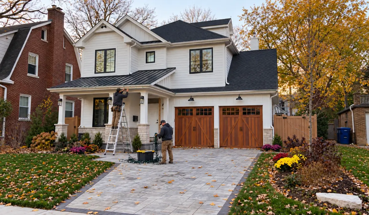 Professionals prepare holiday lighting installation along a home’s roofline while landscaping displays colorful fall foliage below.