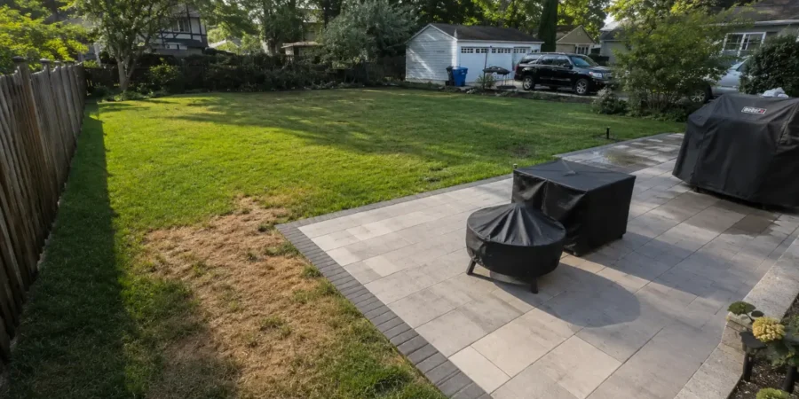 July landscape checklist showing dry turf beside a patio and greener grass across a residential backyard.