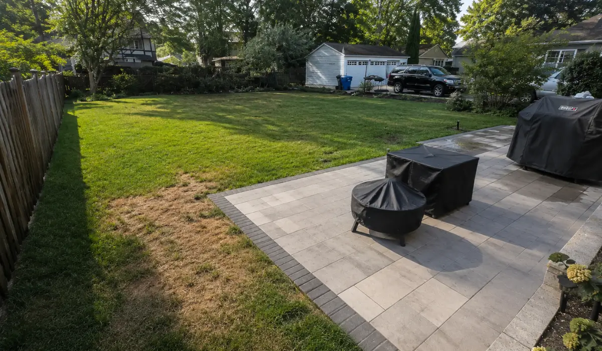 July landscape checklist showing dry turf beside a patio and greener grass across a residential backyard.