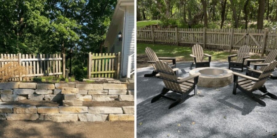 Lake Zurich outdoor project with stone walls, patio, fire pit and added plantings creating polished and inviting space